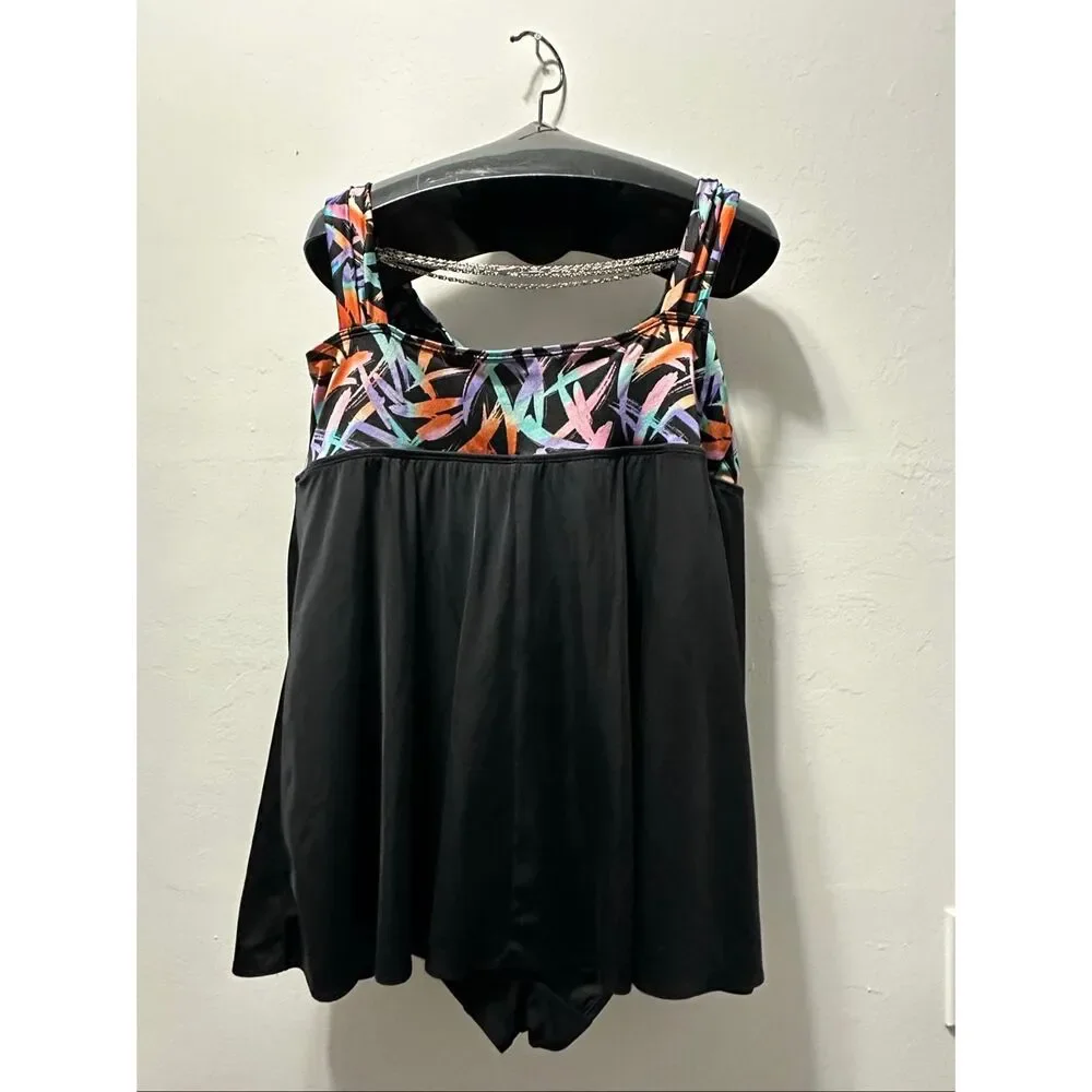 Longitude Size 22 Black Abstract Tie Front Skirted One Piece Swimsuit